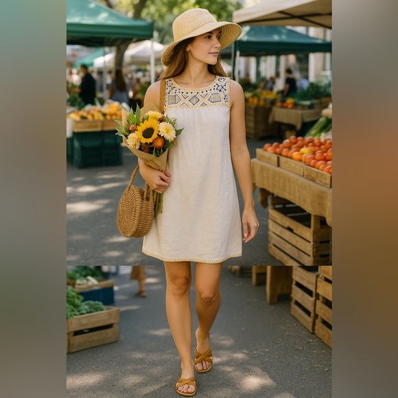 C&C California 100% Linen Embroidered Boho Shift Dress Cream S Beach Vacation - Picture 2 of 13